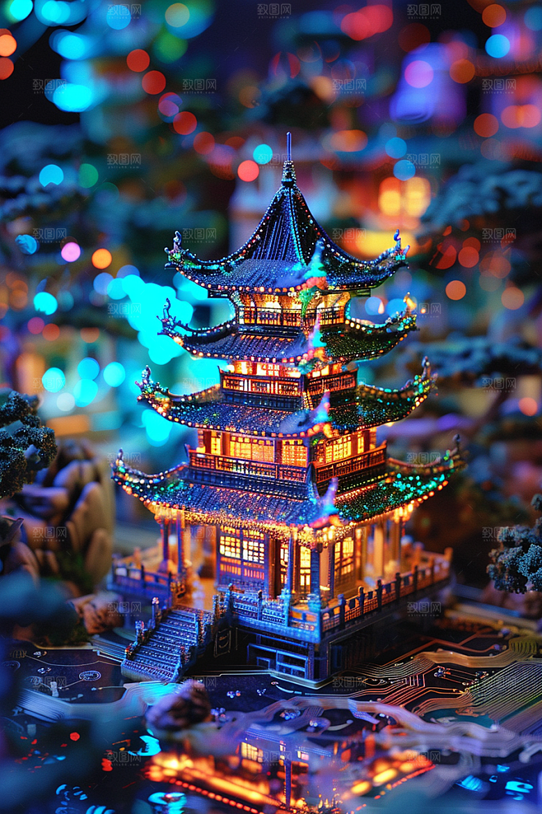 国潮光效建筑潮流3D模型
