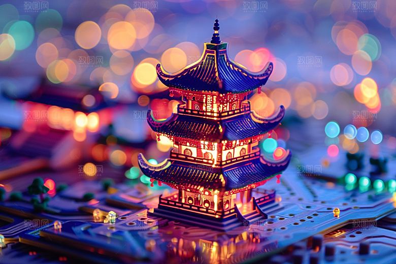国潮光效建筑幻想风立体模型