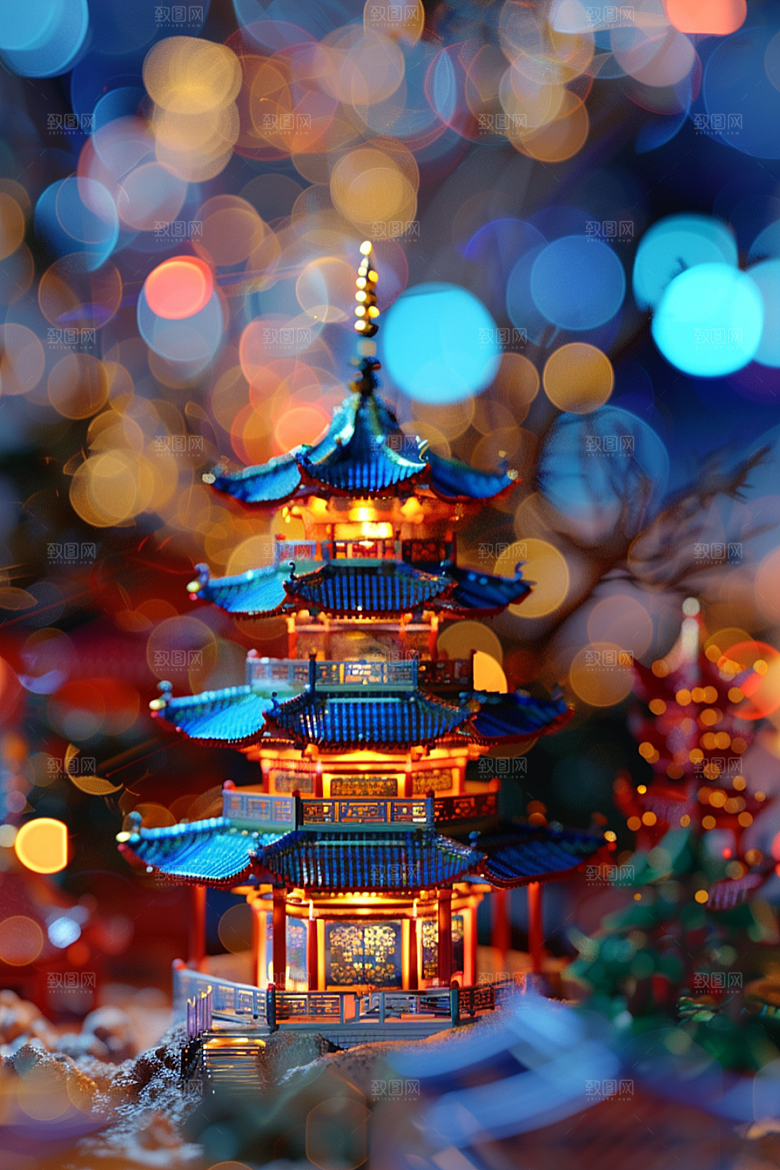 国潮光效建筑梦幻质感模型
