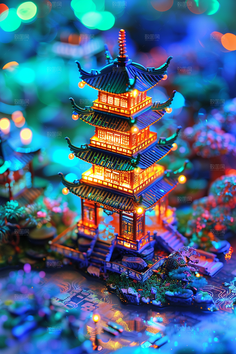 国潮光效建筑高清梦幻模型
