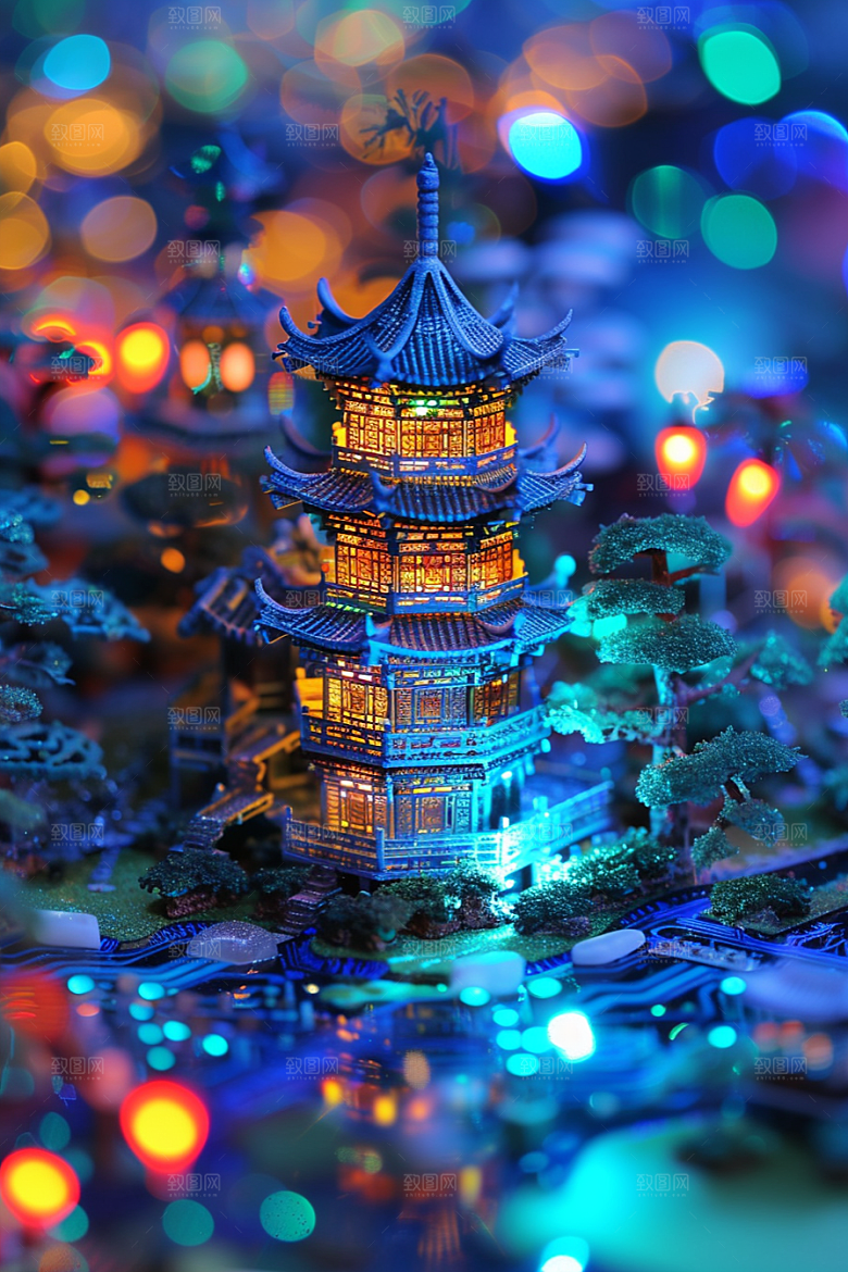 国潮光效建筑中国风传统模型