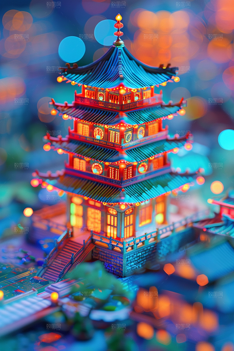国潮光效建筑质感幻想风模型