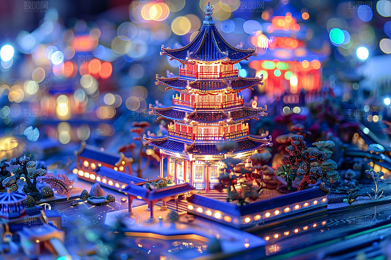 国潮光效建筑3D潮流模型