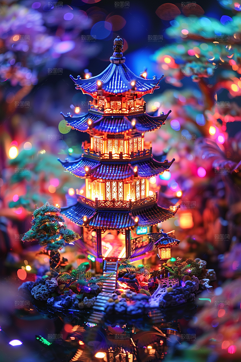国潮光效建筑立体赛博朋克模型