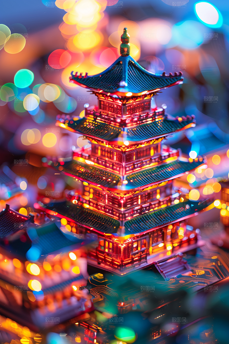 国潮光效建筑超现实高清模型