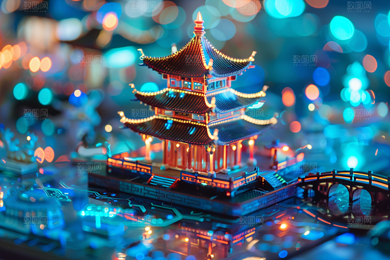 国潮光效建筑时尚高清模型