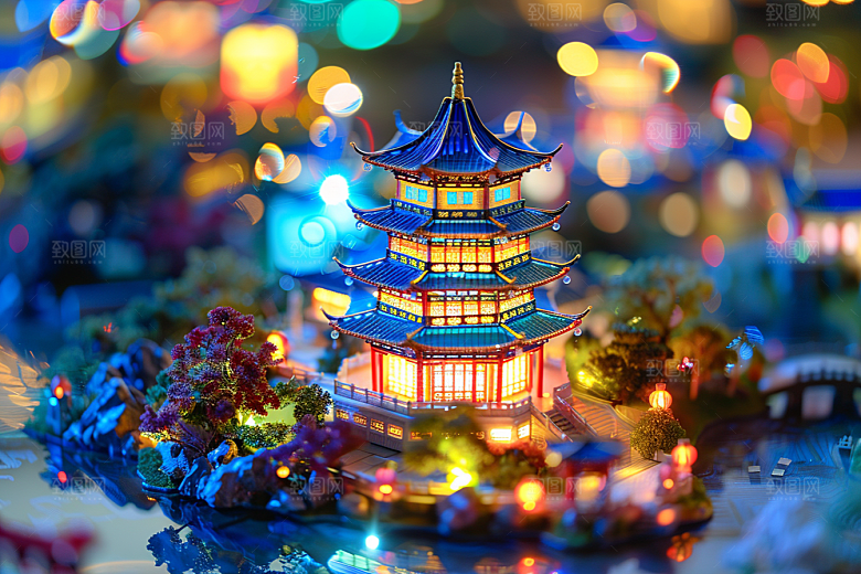 国潮光效建筑梦幻超现实模型