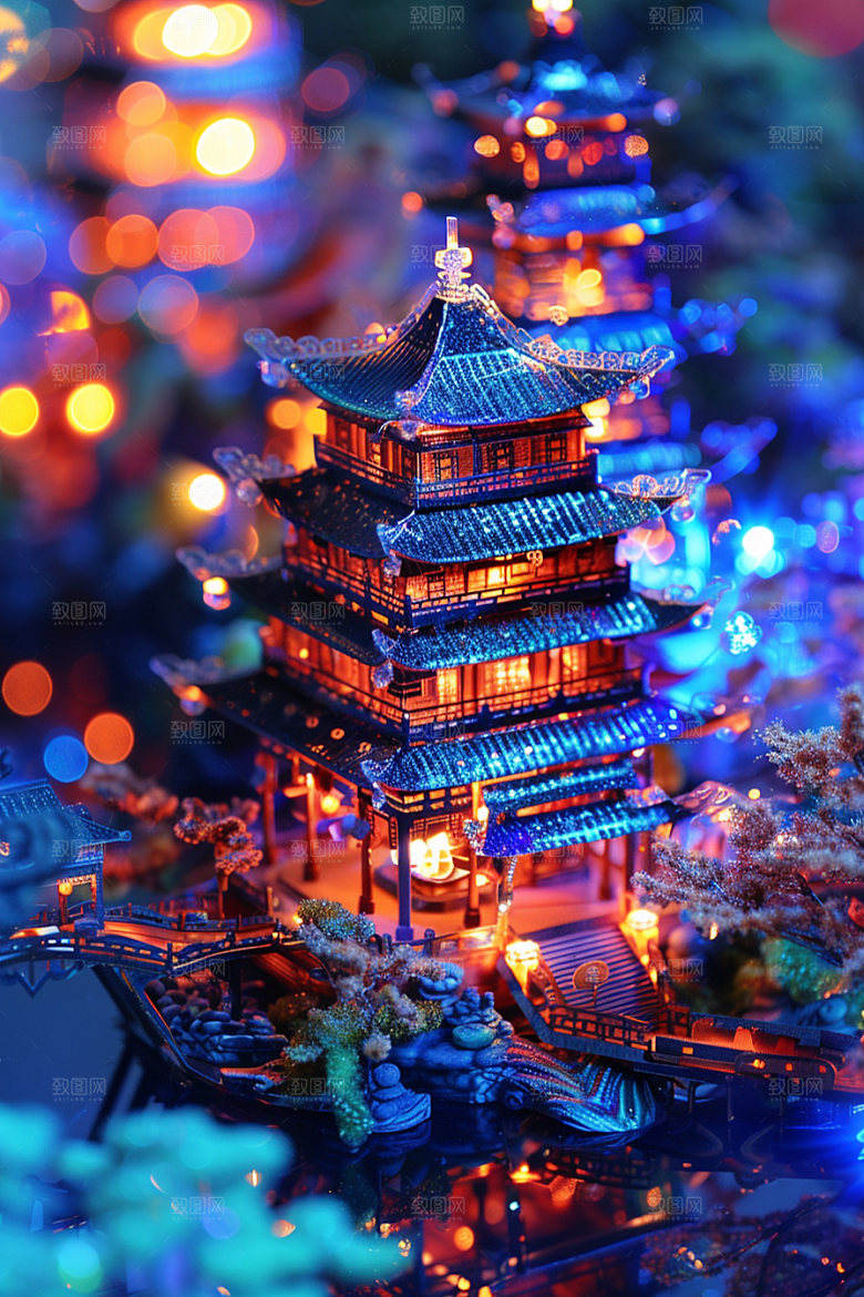 国潮光效建筑赛博朋克3D模型