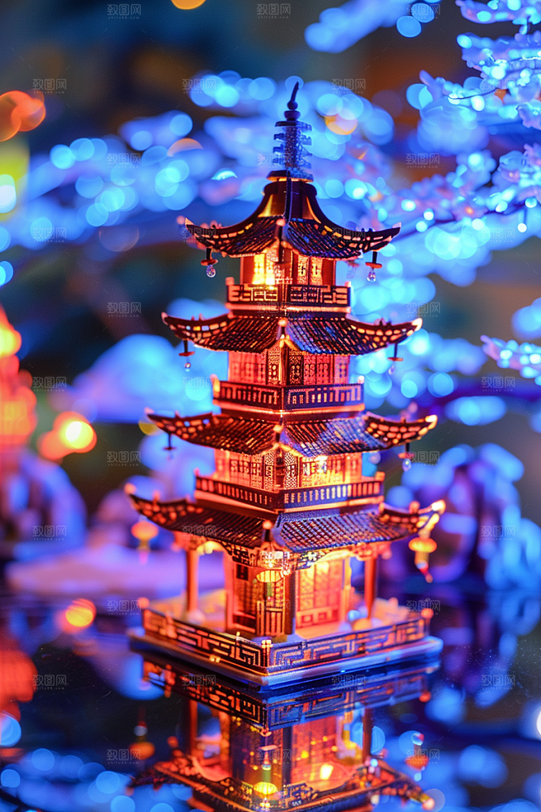 国潮光效建筑梦幻超现实模型