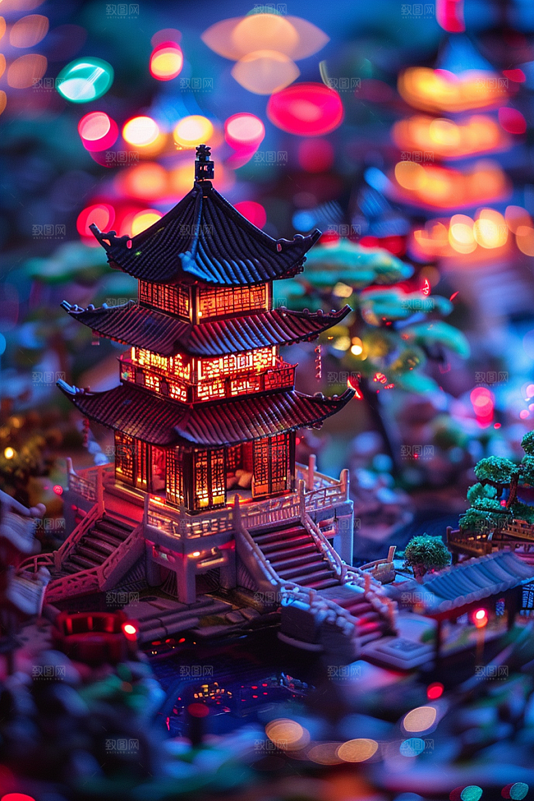 国潮光效建筑传统梦幻模型