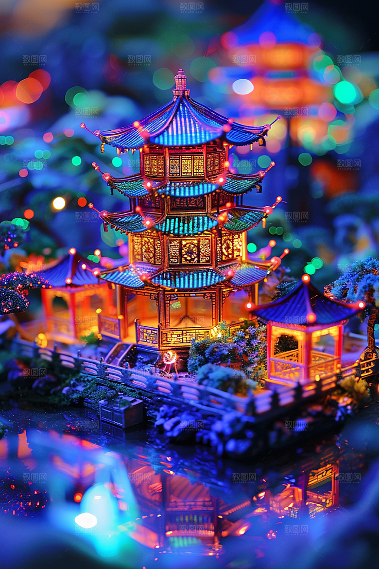 国潮光效建筑时尚梦幻模型