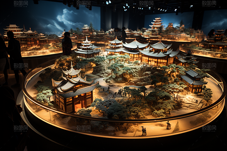 国潮光效建筑3D传统模型