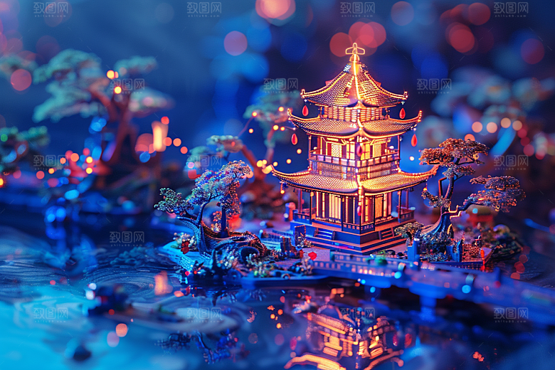 国潮光效建筑潮流幻想风模型