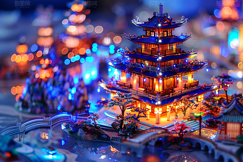 国潮光效建筑幻想风超现实模型
