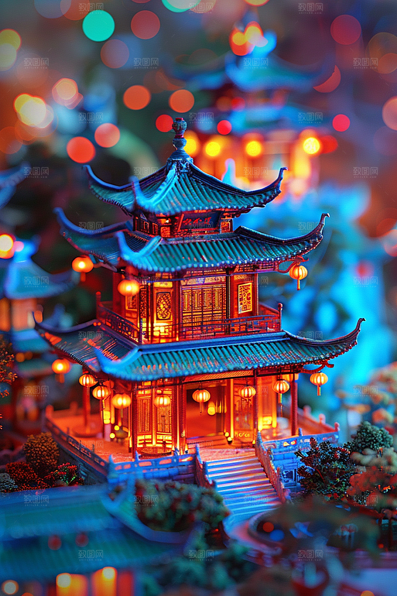 国潮光效建筑立体质感模型