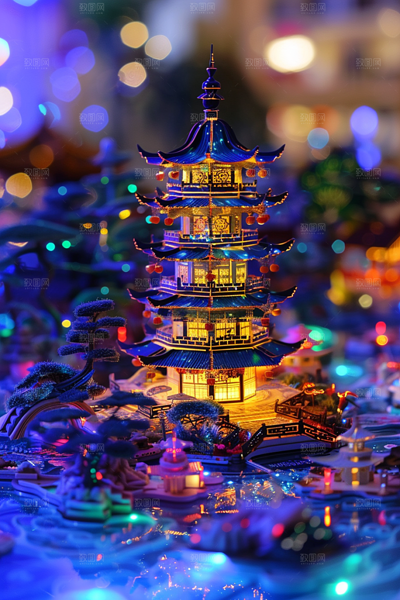 国潮光效建筑传统潮流模型