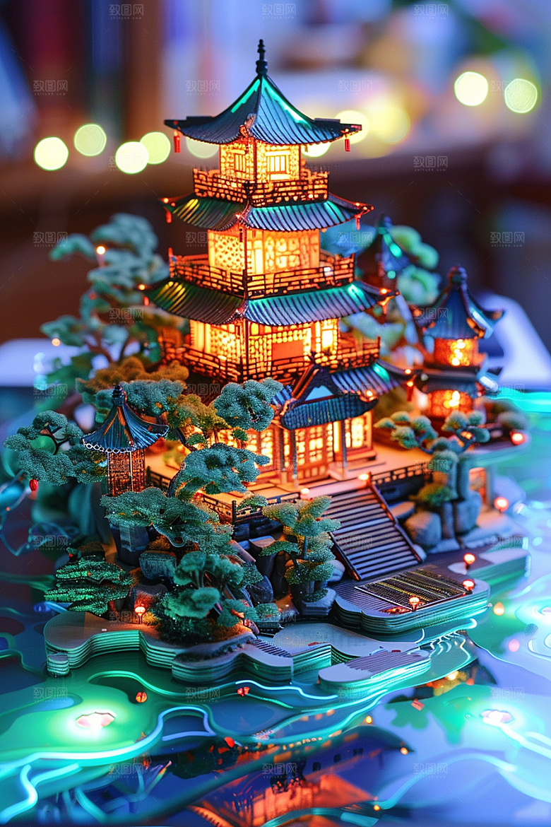 国潮光效建筑梦幻3D模型