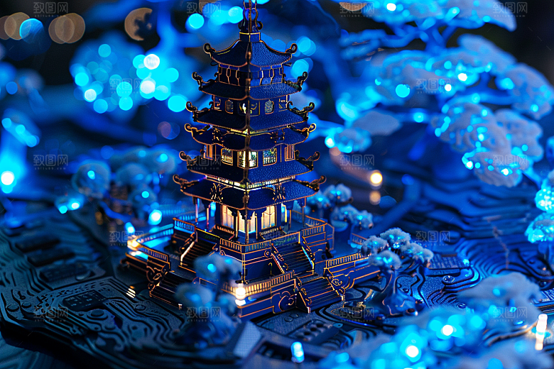国潮光效建筑山水梦幻模型
