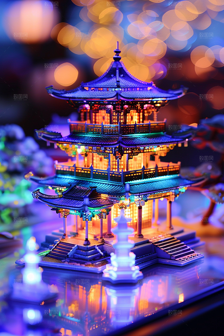 国潮光效建筑梦幻3D模型