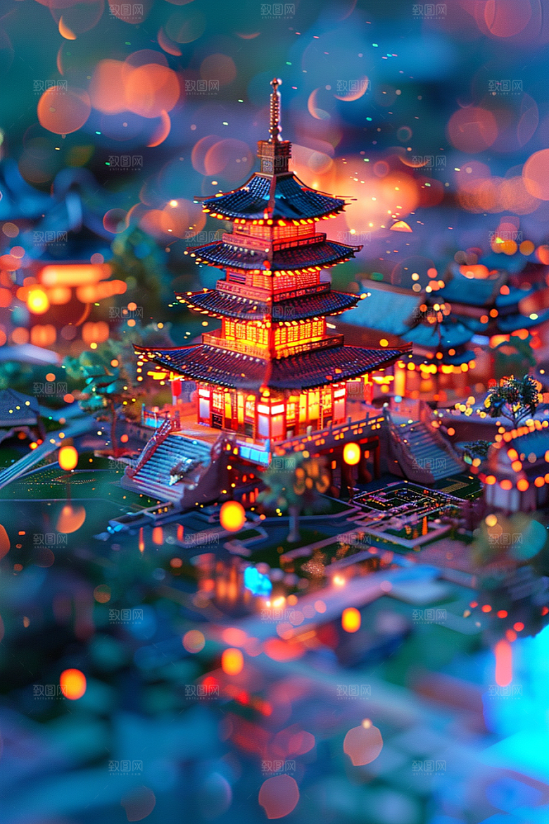 国潮光效建筑潮流中国风模型