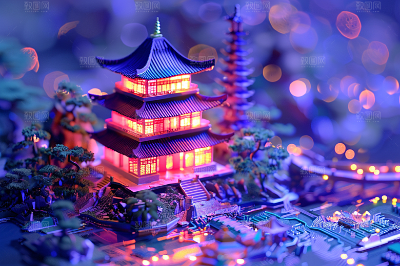 国潮光效建筑潮流赛博朋克模型
