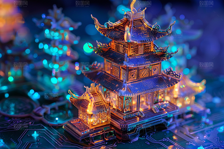 国潮光效建筑立体质感模型