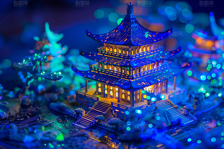 国潮光效建筑3D传统模型