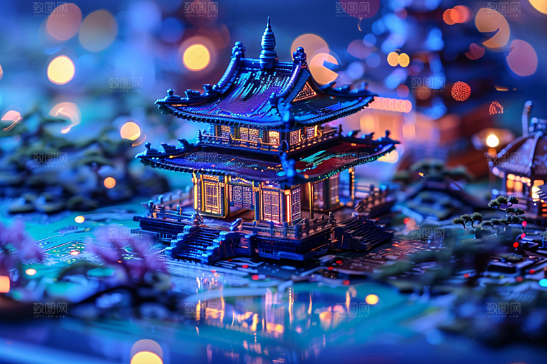 国潮光效建筑超现实时尚模型