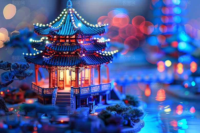 国潮光效建筑时尚3D模型
