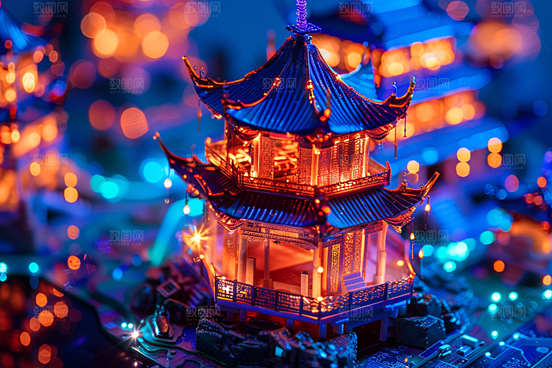 国潮光效建筑质感梦幻模型