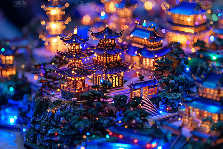 国潮光效建筑传统潮流模型
