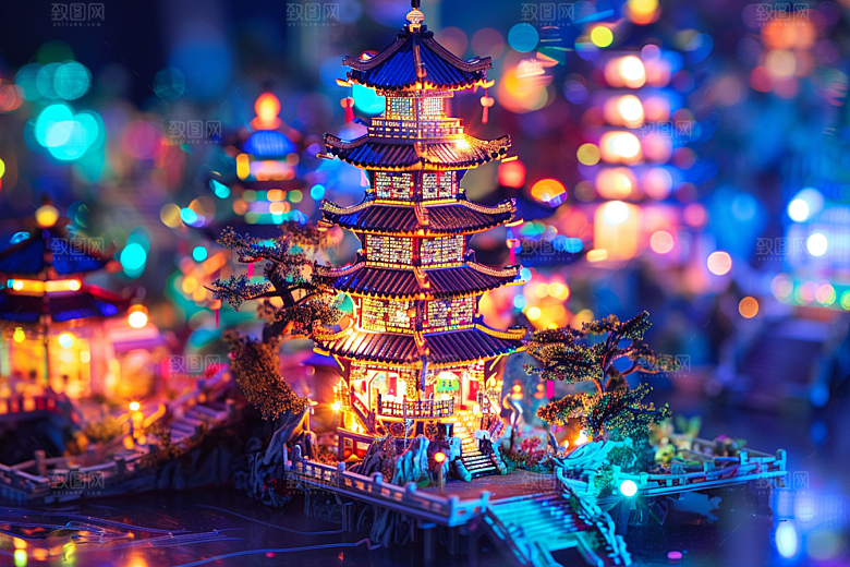 国潮光效建筑幻想风质感模型