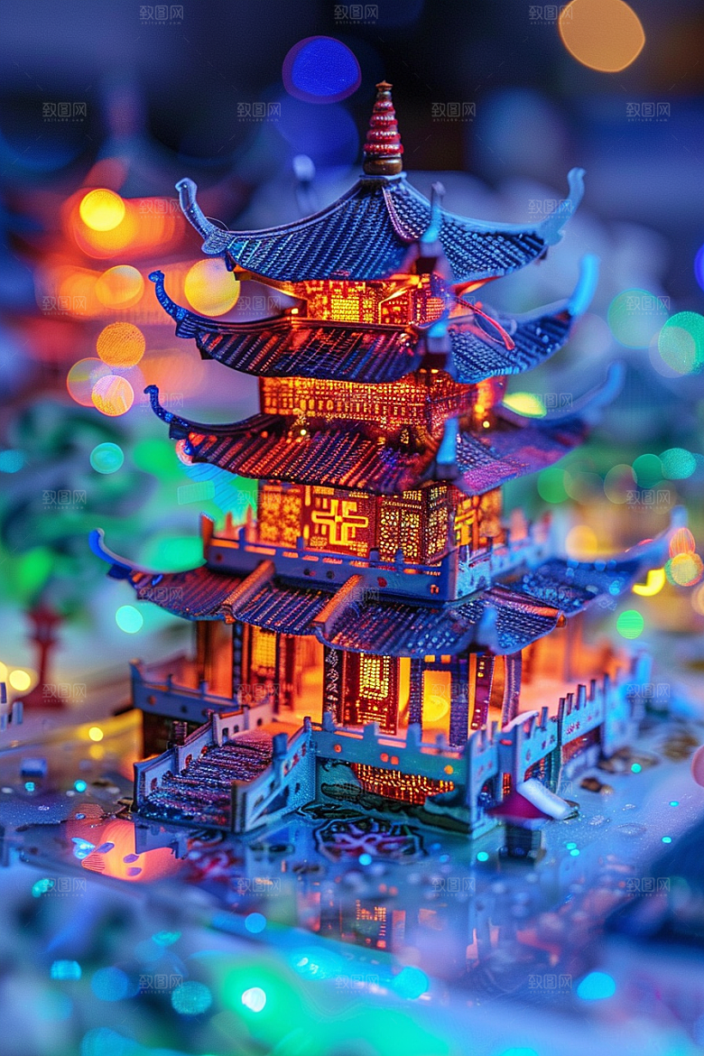 国潮光效建筑传统中国风模型
