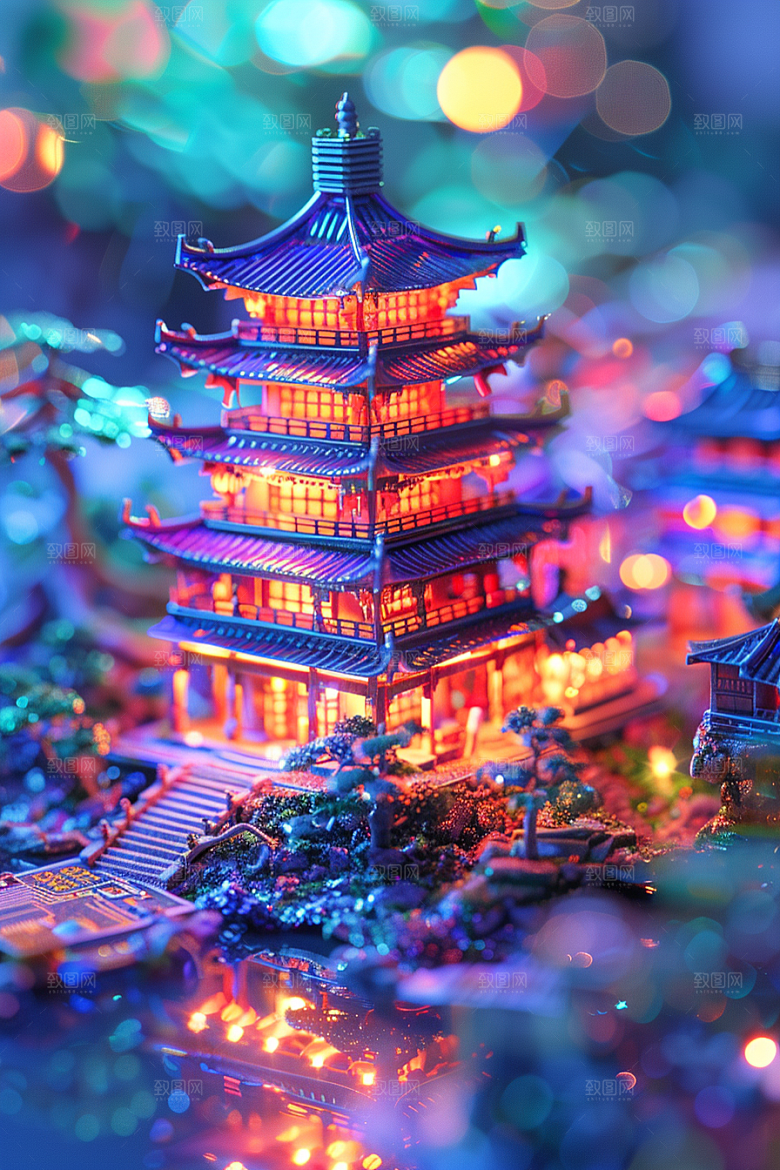 国潮光效建筑质感中国风模型