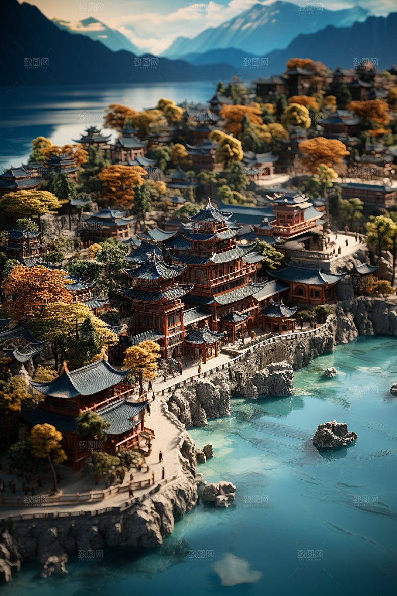 国潮光效建筑山水立体模型