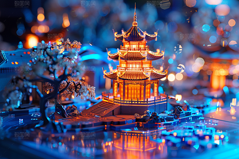 国潮光效建筑高清幻想风模型