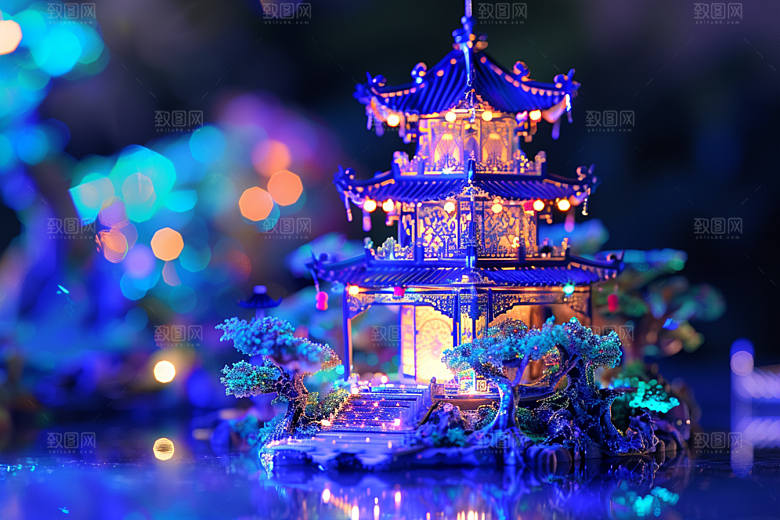 国潮光效建筑中国风梦幻模型