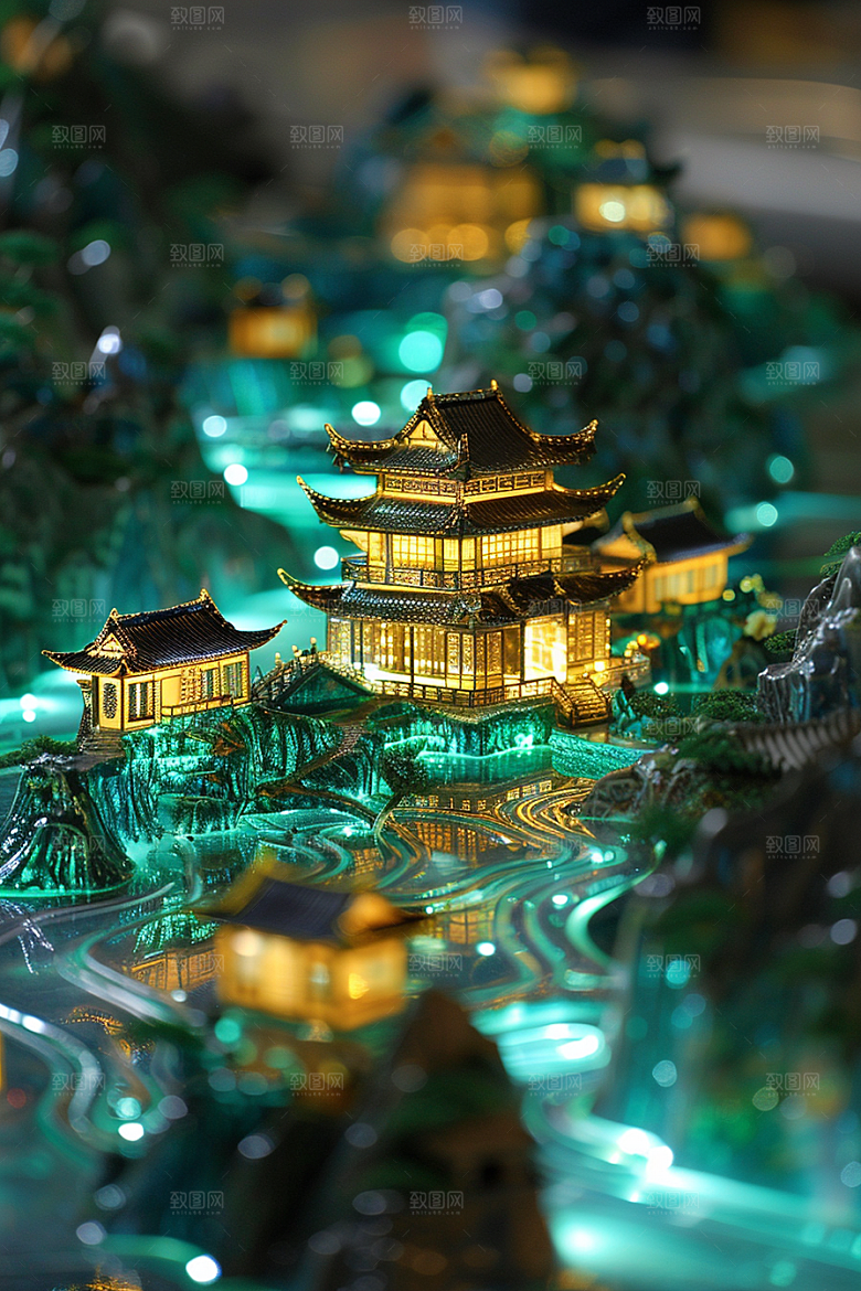 国潮光效建筑赛博朋克潮流模型