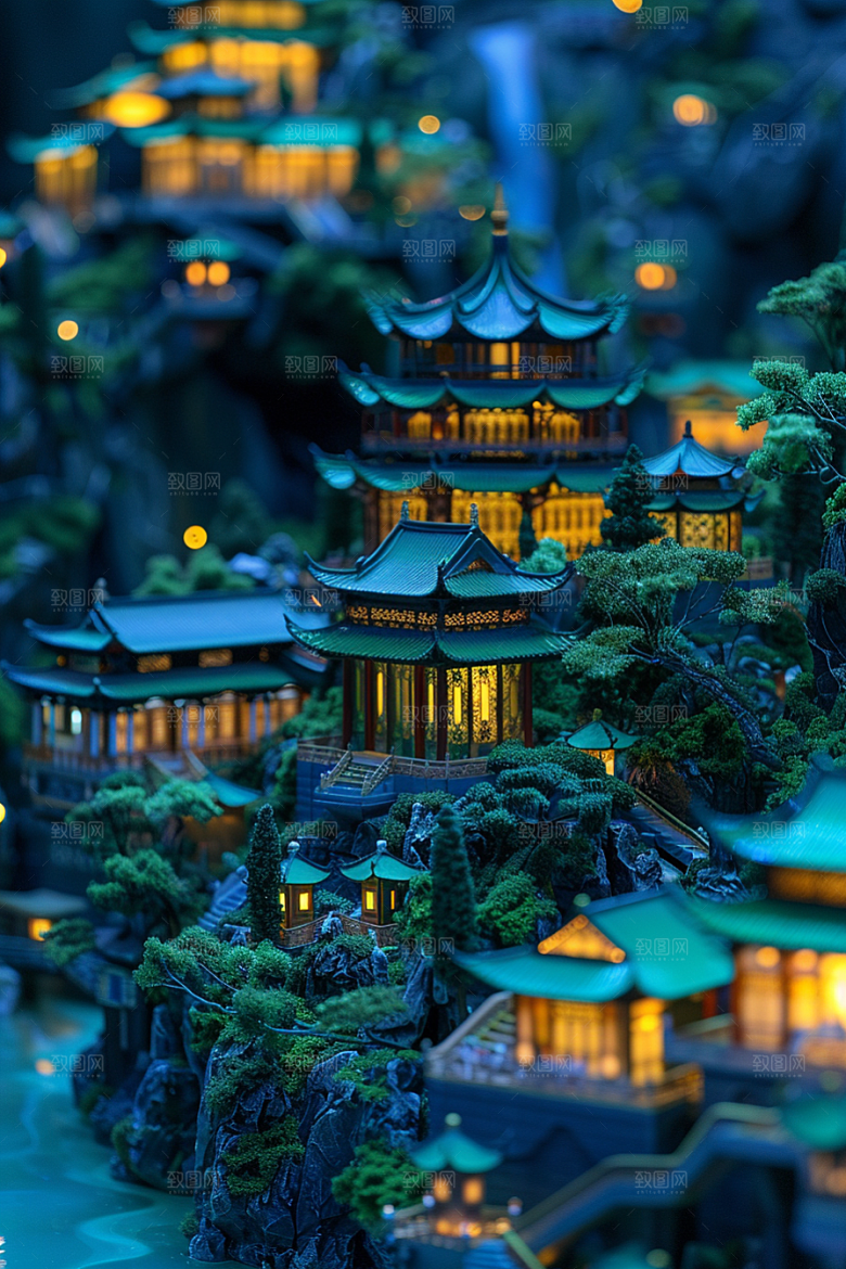 国潮光效建筑幻想风梦幻模型
