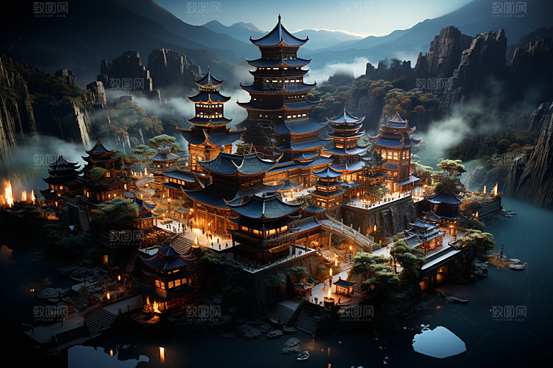 国潮光效建筑中国风幻想风模型