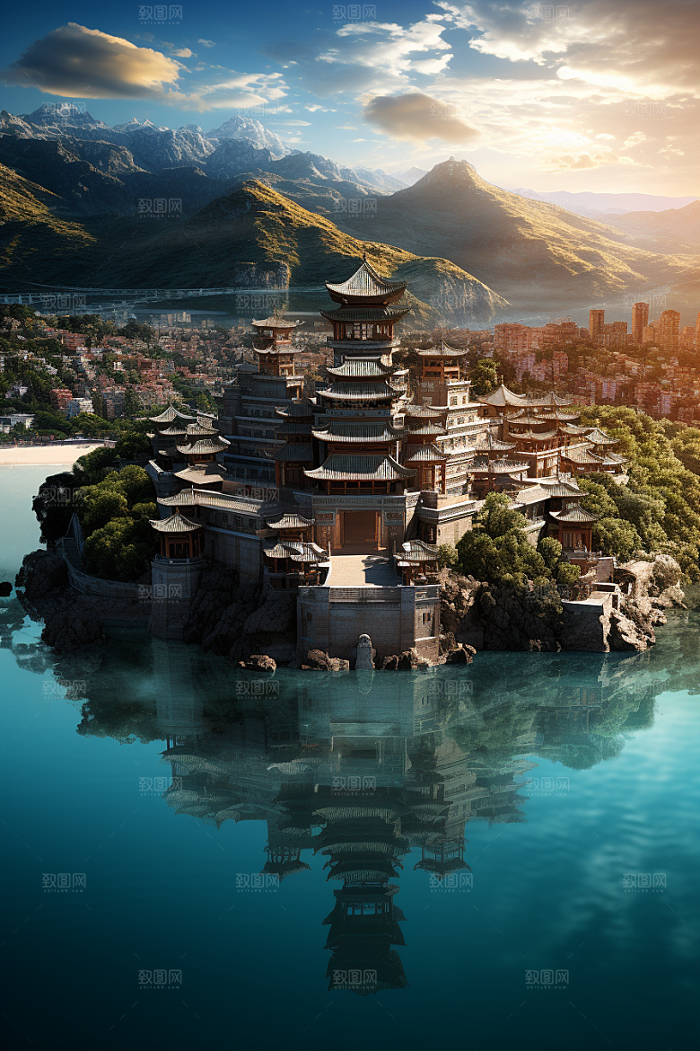 国潮光效建筑质感立体模型