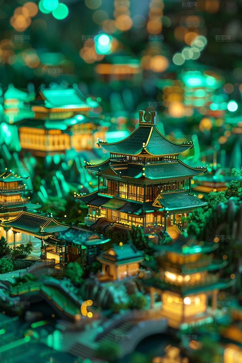 国潮光效建筑立体梦幻模型
