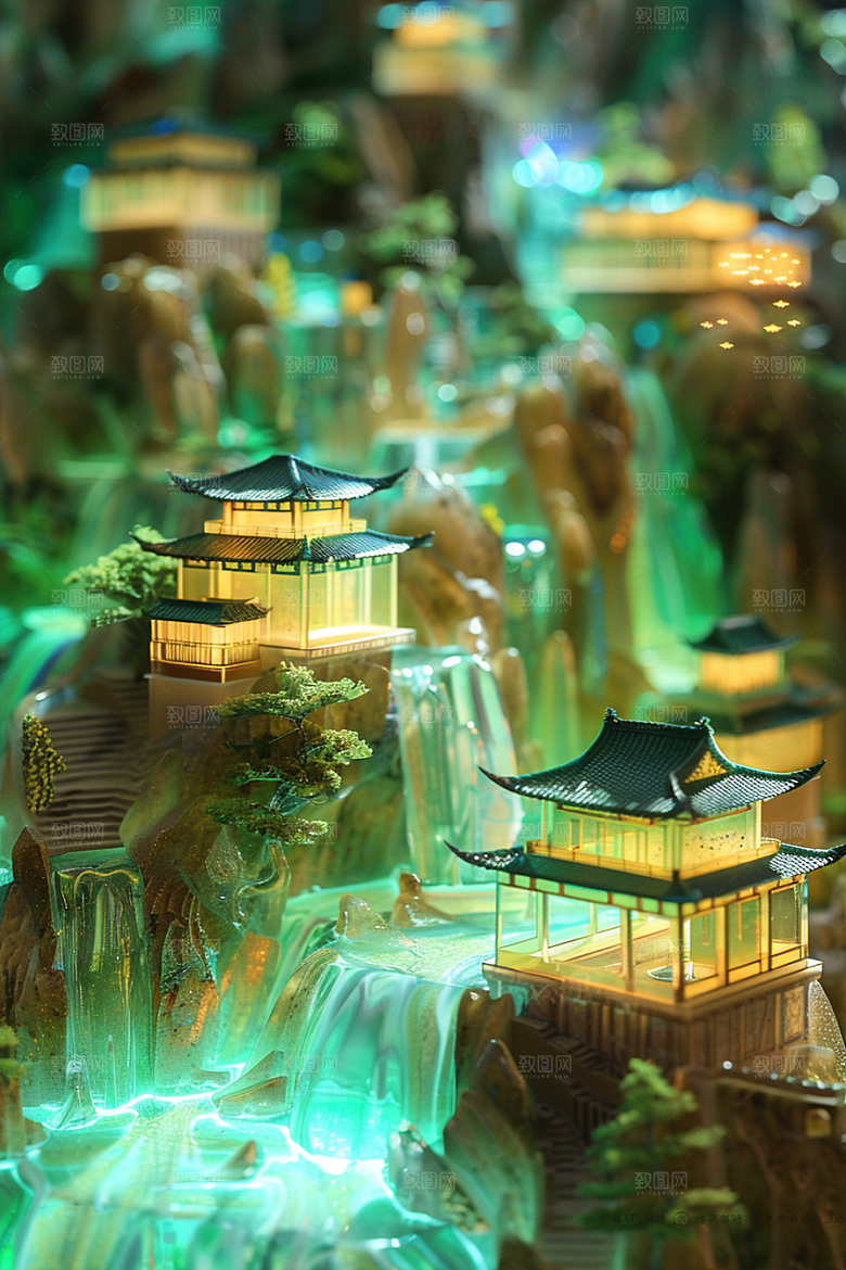 国潮光效建筑超现实山水模型