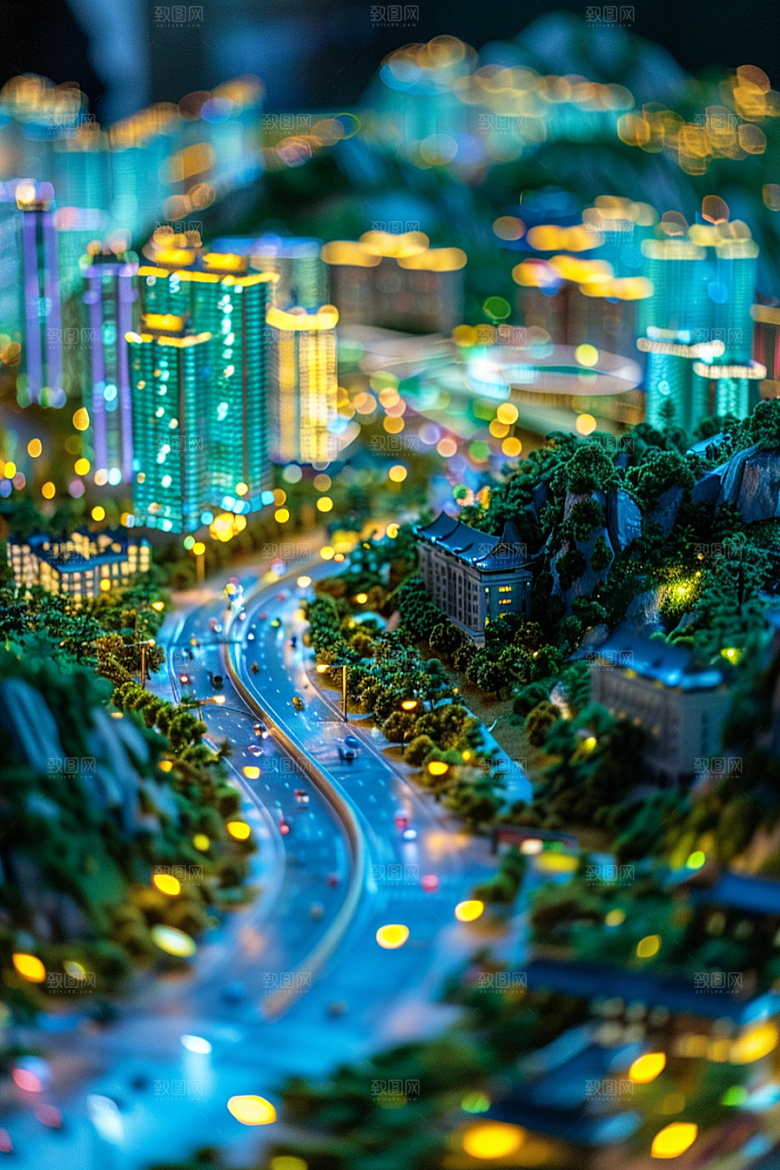 国潮光效建筑梦幻山水模型