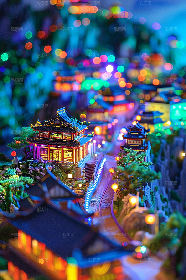国潮光效建筑立体中国风模型