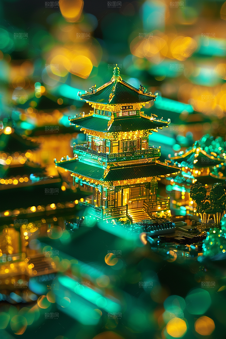 国潮光效建筑中国风梦幻模型