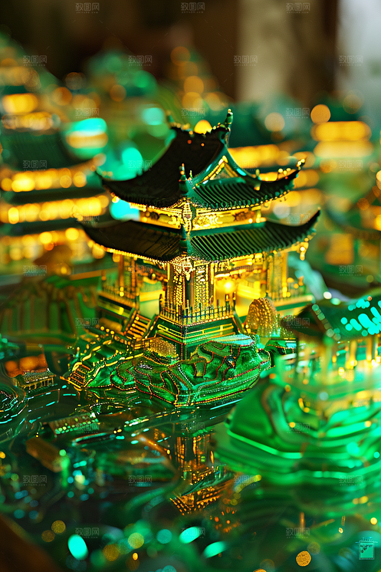 国潮光效建筑中国风梦幻模型
