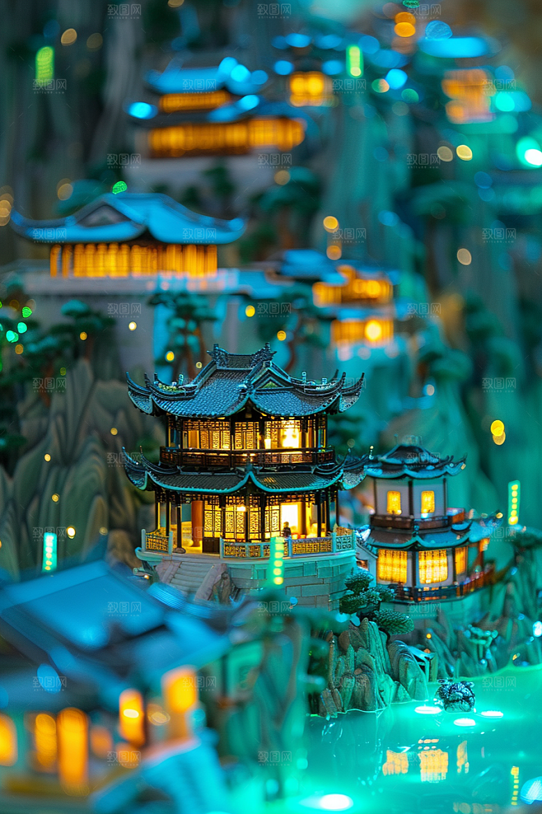 国潮光效建筑3D赛博朋克模型