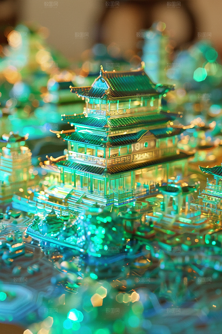 国潮光效建筑传统中国风模型