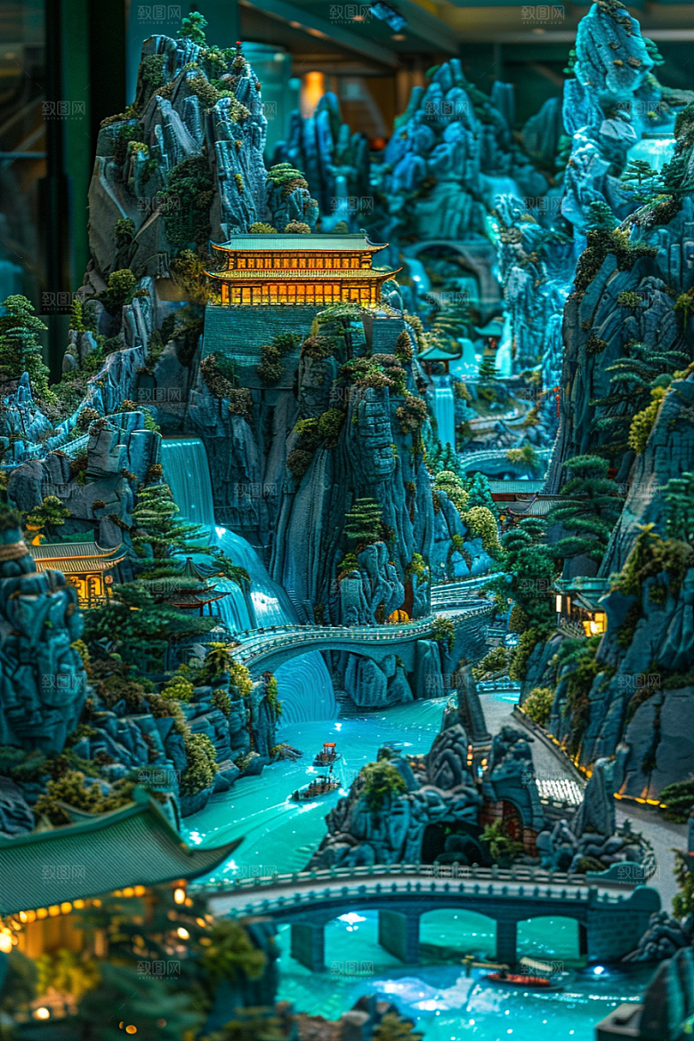 国潮光效建筑潮流山水模型